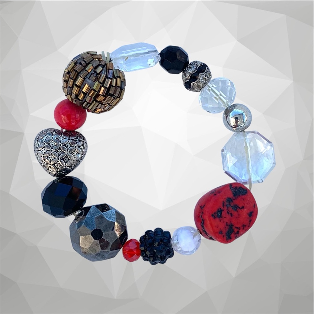 Silver Heart, Black, Red, Gold, Clear Mixed Beads Stretch Bracelet